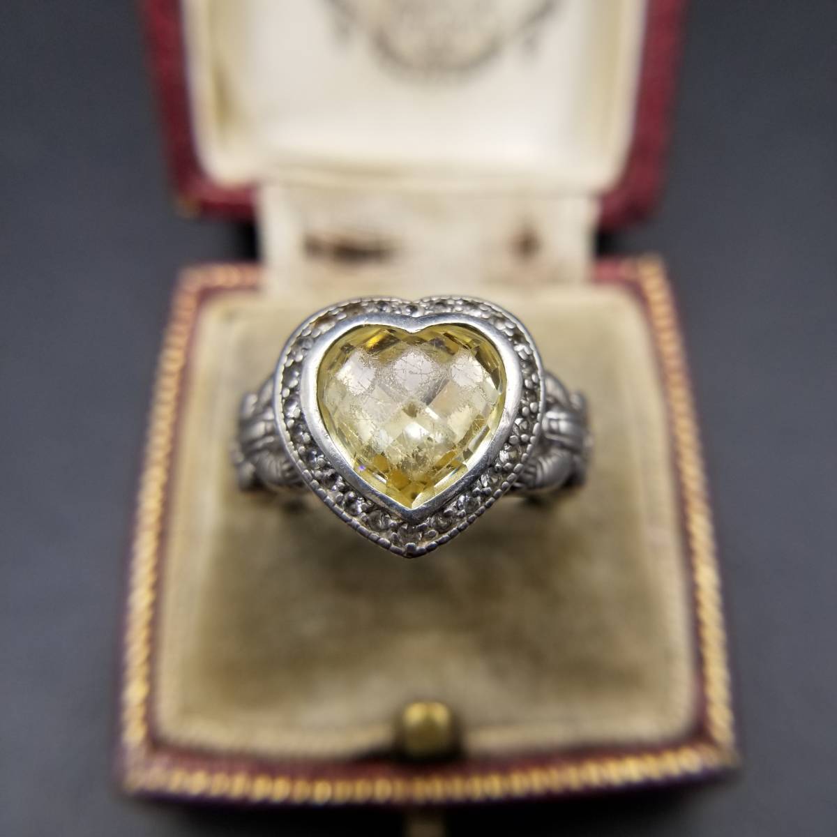 デザイナー JR トパーズイエロー CZ 大粒 チェーン リンク 925 シルバー ビンテージリング 銀 指輪 8g カクテルリング 8Y-L拍卖