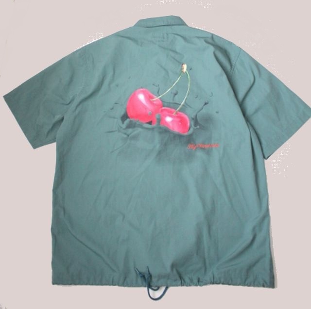 【HUF】ハフ WET CHERRY 半袖シャツ (L) 中古 グリーン チェリープリント 前スナップボタン 拍卖