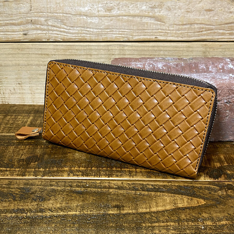 ラウンドファスナー ロングウォレット 長財布 メッシュ バスケット 型押し革 手作り レザー 革 ハンドメイド 牛革 ブラウン拍卖