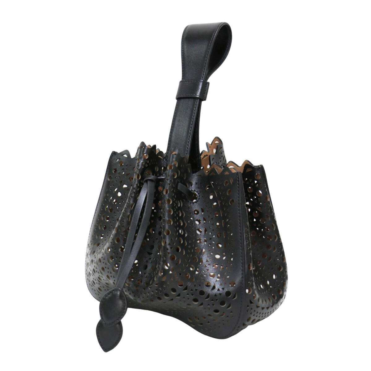 ALAIA アライア バッグ ブラック 黒 / カッティング レザー ハンドバッグ / ROSE MARIE ワンハンドル リストストラップ 巾着型 / カバン 鞄拍卖