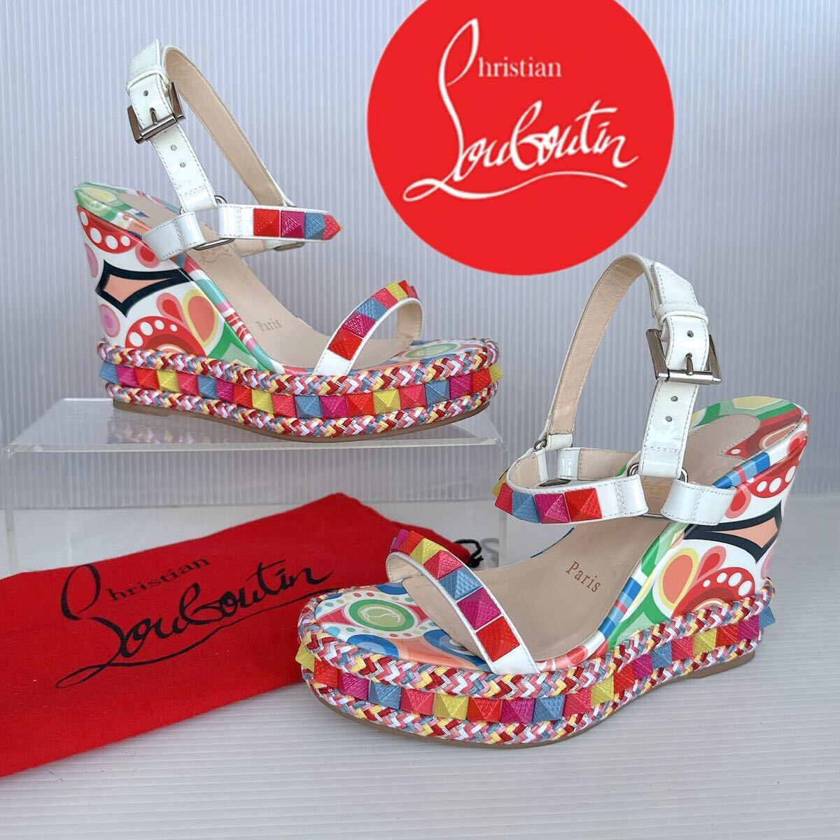 Christian Louboutin クリスチャンルブタン ウェッジ ストラップ スタッズ サンダル 厚底 カタクロウ 35 靴 シューズ レーディス 極美品拍卖