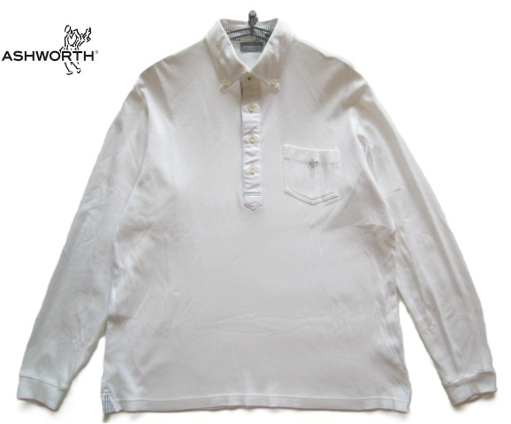 美品!!アシュワース ASHWORTH*ロゴ刺繍 胸ポケット付き 長袖ボタンダウンゴルフポロシャツ L 白 ホワイト GOLF TailorMade テーラーメイド拍卖