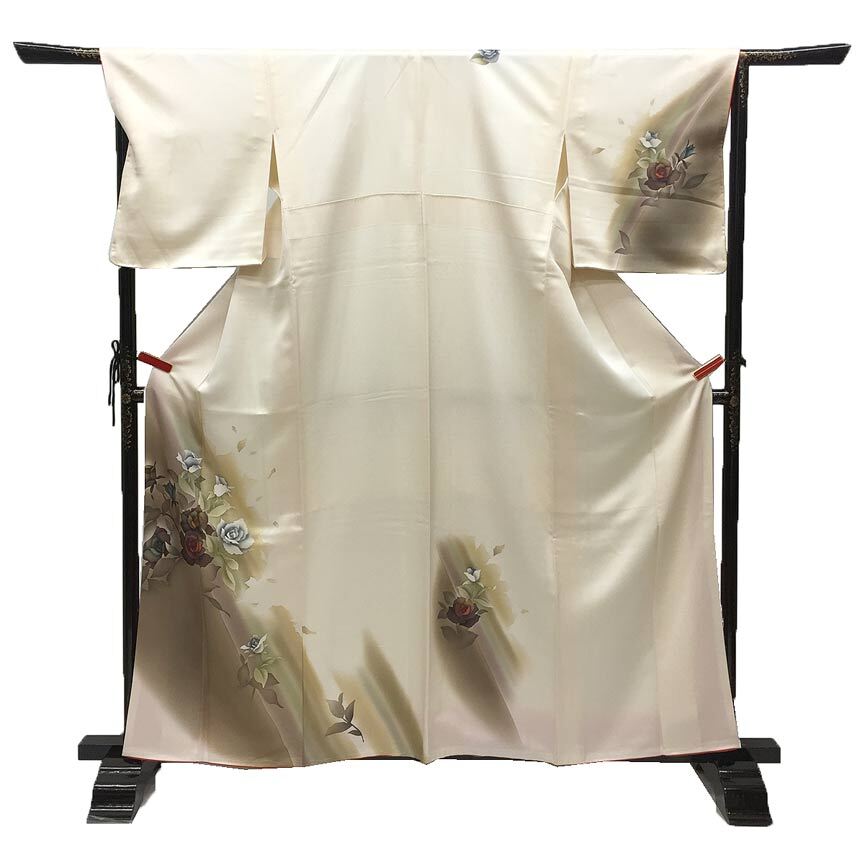 京やB084 特選訪問着 正絹 高級ちりめん訪問着 薔薇 バラ ローズ 花 フラワー 白の着物 白の訪問着 付下げ 附下 袷 新古品拍卖