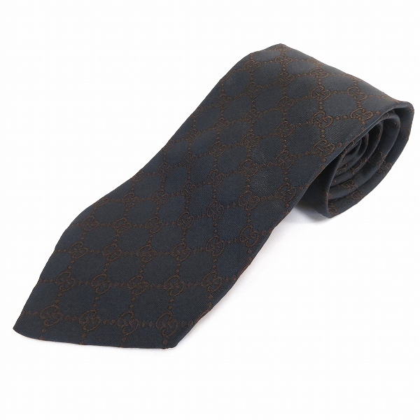 #ae グッチ GUCCI ネクタイ シルク 絹 黒 茶 刺繍 光沢 GG柄 総柄 ロゴ インターロッキング イタリア製 イタリー メンズ 美品 946011 k01拍卖