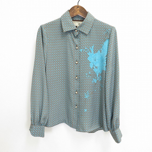 #a 銀座マギー GINZA Maggy シャツ ブラウス 長袖 11号 茶 水色系 総柄 編み柄 ドット 花柄 レディース 936887 k01拍卖
