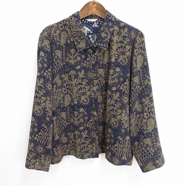#a サンネンザカ 三年坂 シャツ ブラウス 長袖 L 紺 緑系 茶 総柄 ちりめん 縮緬 和風 日本製 935292 k01拍卖