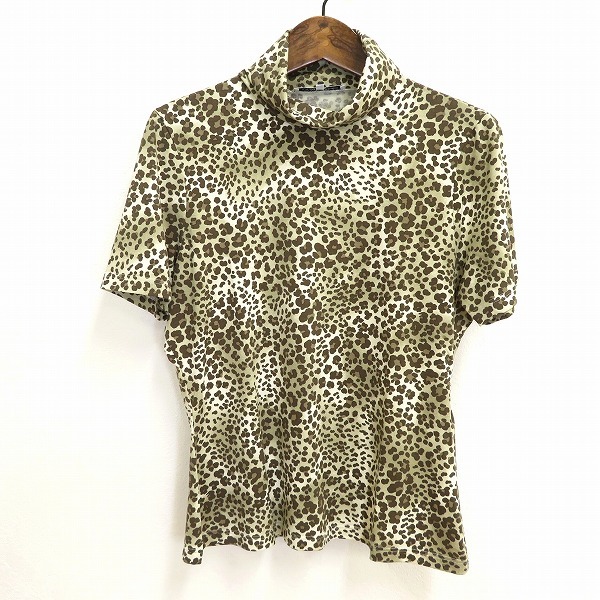 #s レリアン Leilian 半袖 カットソー 42 9号 茶系 カーキ系 ベージュ ヒョウ柄 豹柄 シルク 絹 タートルネック イタリア製 936883 k01拍卖