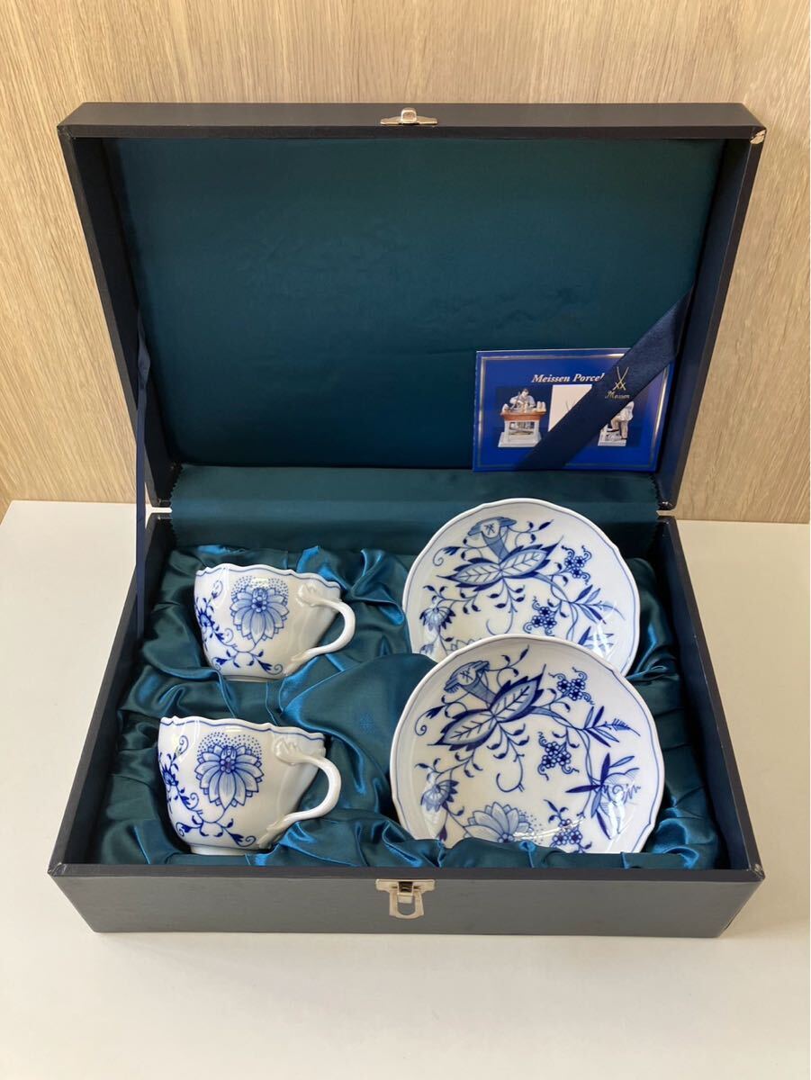 【未使用品】Meissenマイセン ブルーオニオン カップ&ソーサー 2客セット キッチン用品 食器 カップ コップ ケース付き 現状品拍卖