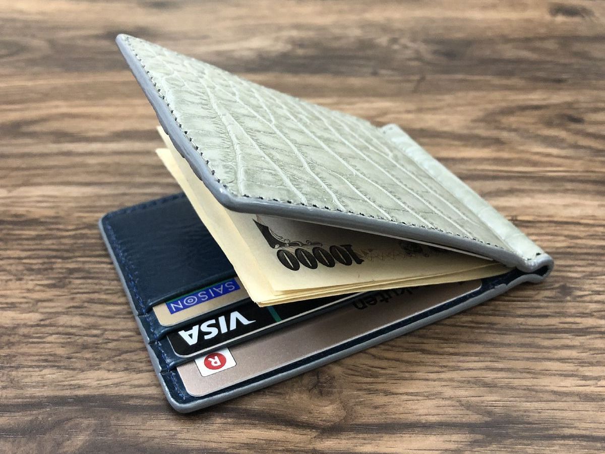 【新品 送料無料】クロコダイル 型押し マネークリップ グレー 財布 札ばさみ 薄型 スリム 革 札入れ カードケース 二つ折り 牛革 本革拍卖