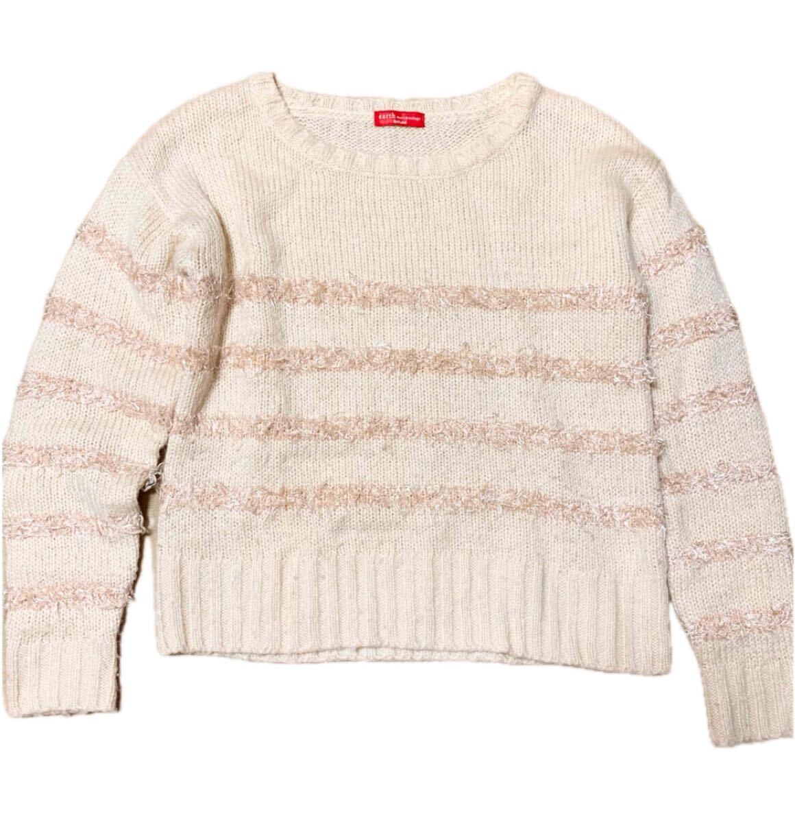 クルーネック ボーダー アクリル 白 長袖ニット ピンクベージュ オフホワイト 長袖セーター ニットセーター シャギー拍卖