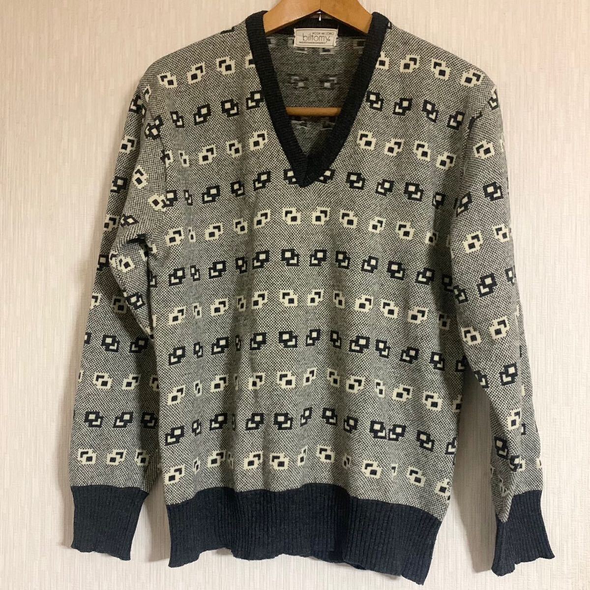白黒 ウール 長袖ニット 幾何学柄 モノトーン Vネックセーター グレー ブラック 黒 ニットセーター トップス 秋冬 防寒拍卖