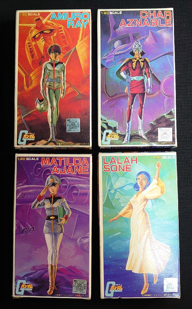 【機動戦士ガンダム】バンダイ製 1/20 キャラコレ 未組立品 旧バンザイ マーク アムロ/シャア/マチルダ/ララァ プラモデル4種セット拍卖