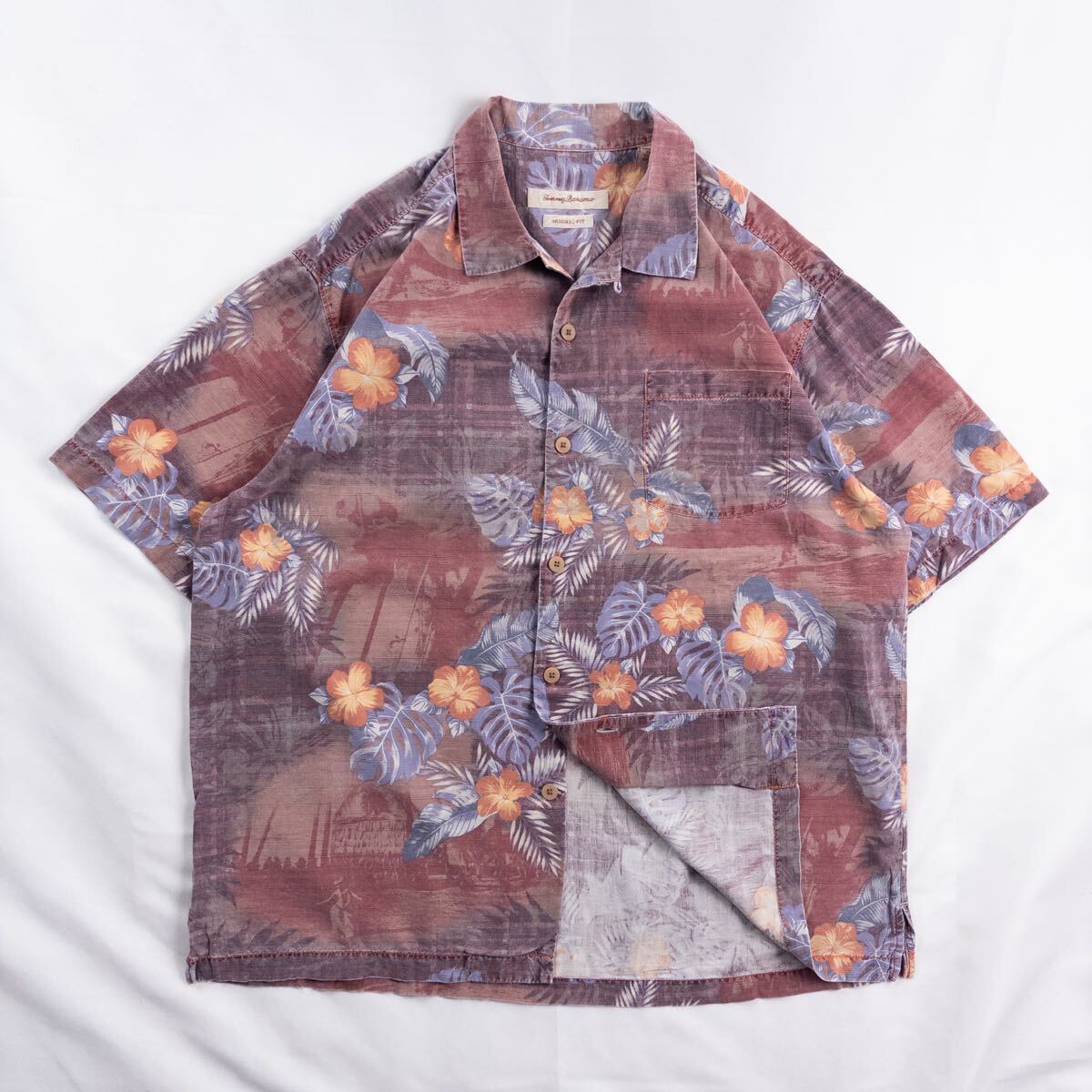 US Vintage 90s Tommy Bahama シルク コットン 開襟 オープンカラー カスリ ハイビスカス リーフ ボタニカル ハワイアン アロハ 総柄シャツ拍卖