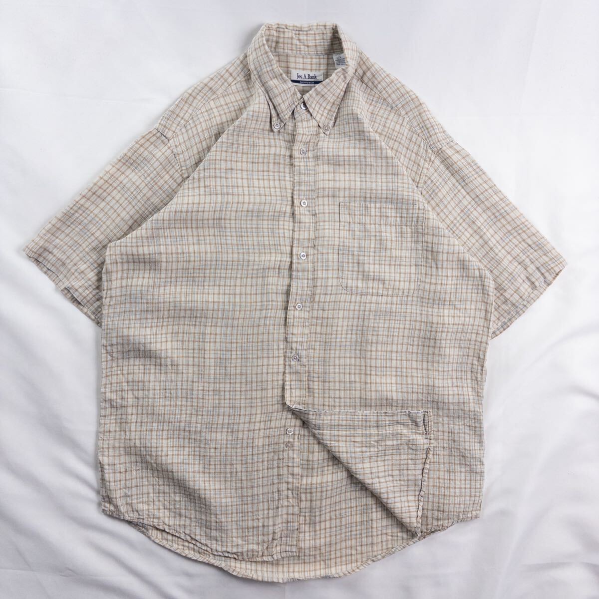 US Vintage 00s Jos.A.Bank SPORTS WEAR リネン100% ボタンダウン 好配色 立体 チェック 格子 総柄 デザインシャツ拍卖