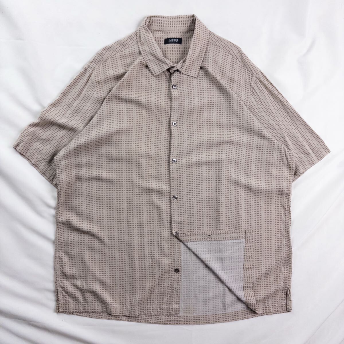 US Vintage 90s ALFANI レーヨン くすみカラー アート 抽象 クレイジーパターン レトロ 幾何学模様 エスニック 民族 総柄 デザインシャツ拍卖