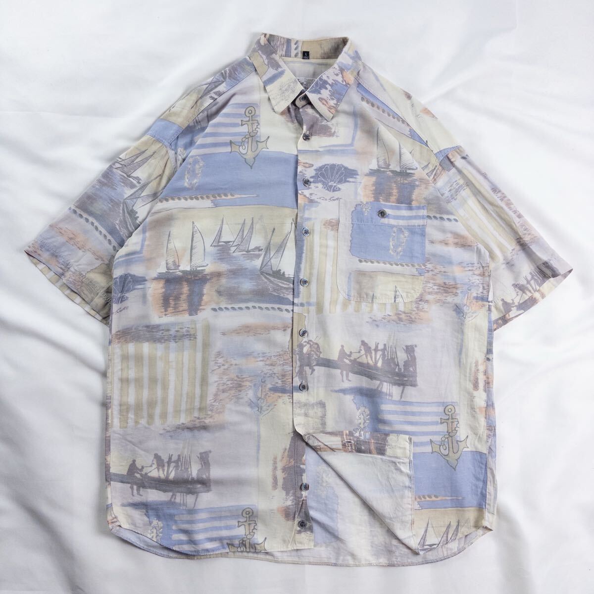Euro Vintage 80s Angelo Litrico ビスコース ポリエステル フラックス くすみカラー アート 水彩 風景 船 錨 アンカー レトロ 総柄シャツ拍卖