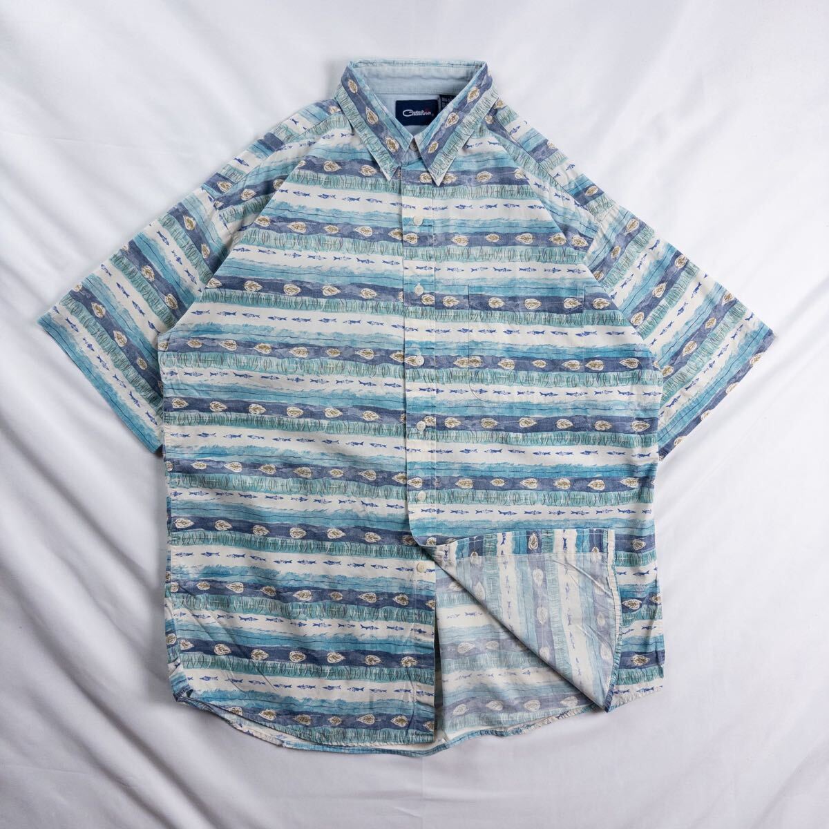 US Vintage 00s Catalina コットン100% ボタンダウン 水彩 エスニック リーフ フィッシュ ボーダー アート 総柄 デザインシャツ拍卖