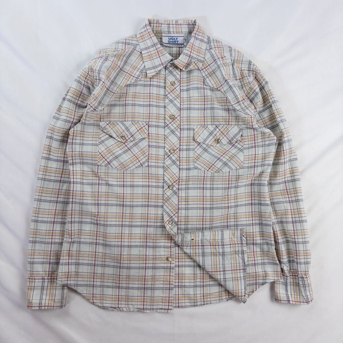 US Vintage 80-90s UGLY SHIRT コットン ポリエステル 好配色 淡色 チェック フラップポケット デザインボタン ウエスタン 総柄シャツ拍卖