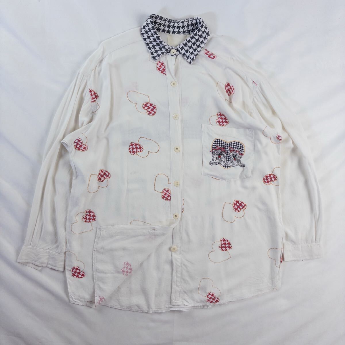 Euro Vintage 80s Unknown コットン ハート ポップアート ラメ 千鳥格子 アニマル柄 ヨークシャーテリア シーズー レトロ 総柄シャツ拍卖