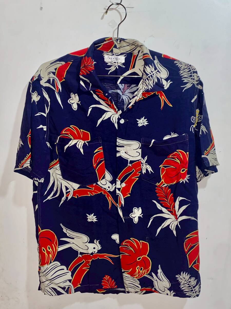 【No.739】HOLLYWOOD RANCH MARKET/ハリウッドランチマーケット アロハシャツ 紺 2サイズ レーヨン メンズ 古着 ヴィンテージ 現状品拍卖