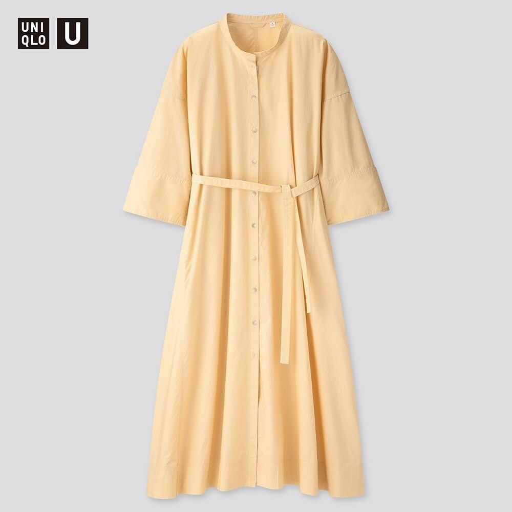 【新品・M・クリーム】ユニクロ×ルメール Uniqlo U ユニクロユー スタンドカラーシャツワンピース 7分袖 ゆとりあるシルエット イエロー拍卖