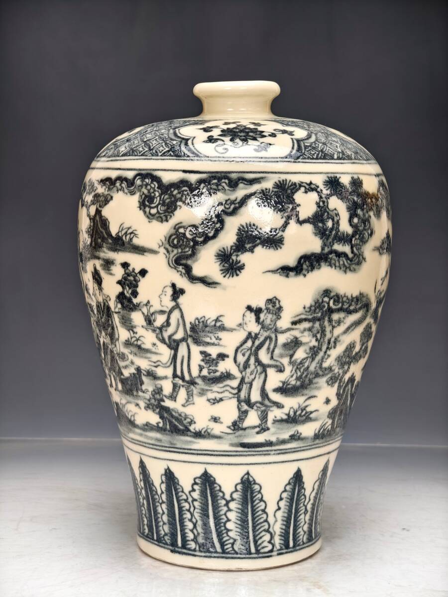 TM6#2691【3.1】中国骨董 人間国宝 磁器【大明順年制」精工細作満工青花人物故事紋梅瓶】工芸品 施釉陶 青花磁 陶芸 精美彫 置物 收藏品 拍卖