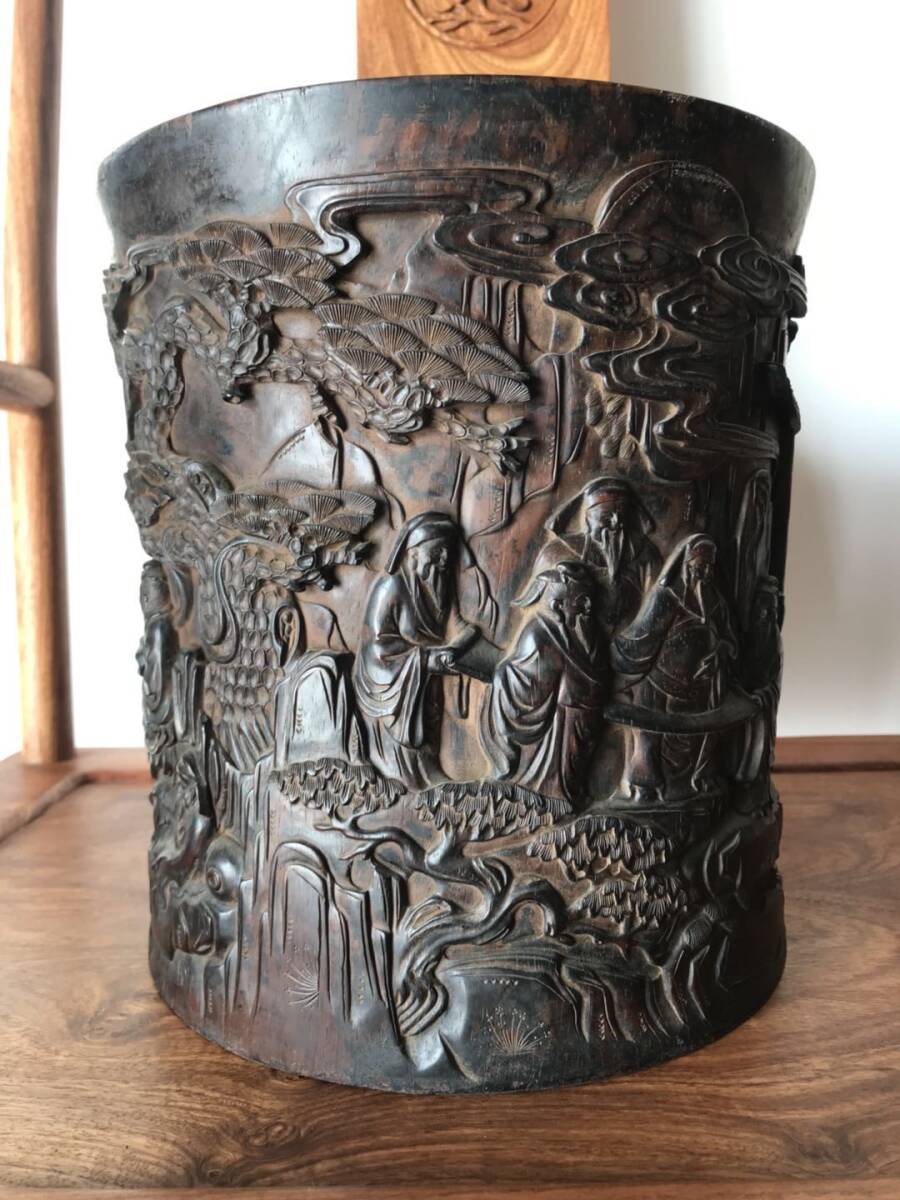 TM6#3531【3.1】中国骨董 人間国宝 古代木工芸品 彫刻品 【黄花梨彫刻ペン立て】 時代物 本物 珍品旧蔵 伝世家珍拍卖