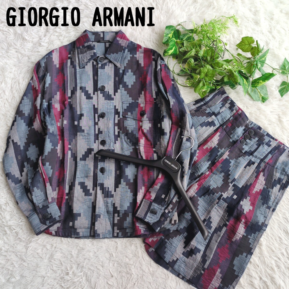 最高級・最現行・未使用級■GIORGIO ARMANI ジョルジオアルマーニセットアップ ジャケット&パンツ 幾何学模様 麻 リネン M ハンガー付 春夏拍卖