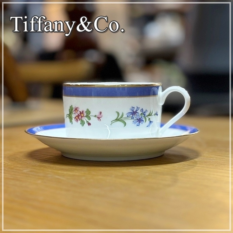 【福岡】ティファニー Tiffany&Co. カップ&ソーサー 1客 フローラル 金彩 ブルー ホワイト オシャレ 珈琲碗【RU1010-9】拍卖