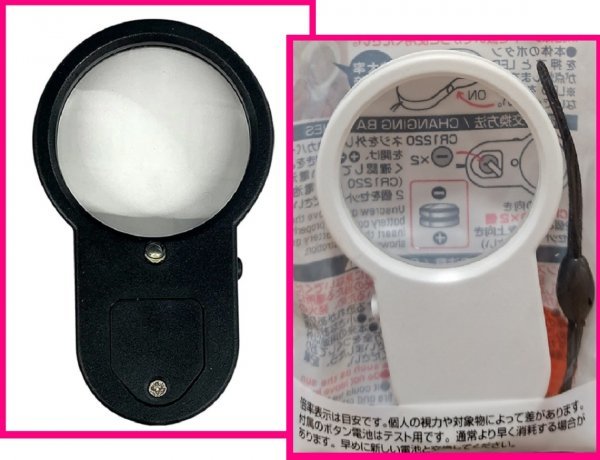 【送料無料:2個:LED ルーペ:拡大鏡】★倍率:4倍:ライト,ストラップ付:携帯:コンパクト:約4×6cm:辞書用 便利 読書 植物 昆虫観察拍卖