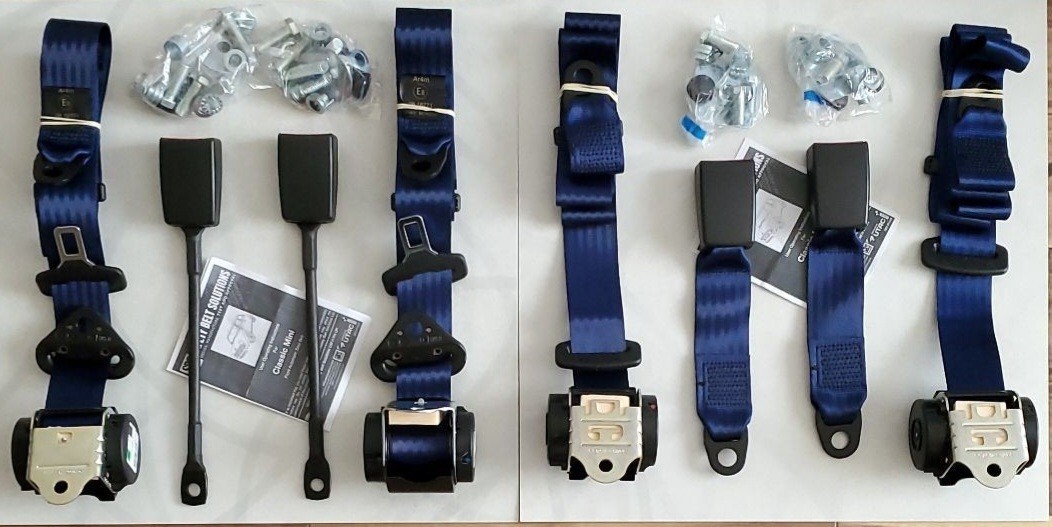 ローバーミニ クラシックミニ シートベルト セット ブルー / 青 3点 巻き上げ式 一台分 取り付け部品付き 新品拍卖