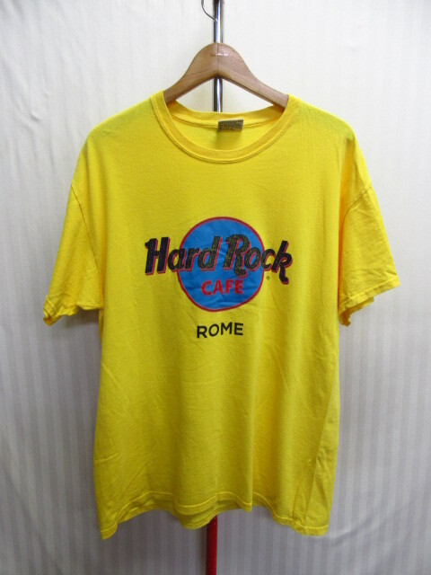 USA製 希少 ハードロックカフェ ローマ 90sヴィンテージ Tシャツ メンズUS L XLサイズ 黄 ロックTシャツ 音楽 ミュージックT 05301拍卖