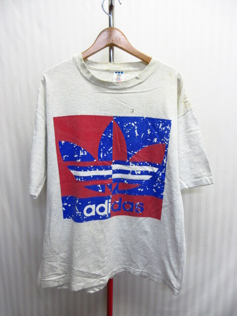 USA製 アディダス 90sヴィンテージ ビッグトレフォイルTシャツ メンズUS L XLサイズ ダメージ 三つ葉ビッグロゴTシャツ 半袖シャツ06171拍卖