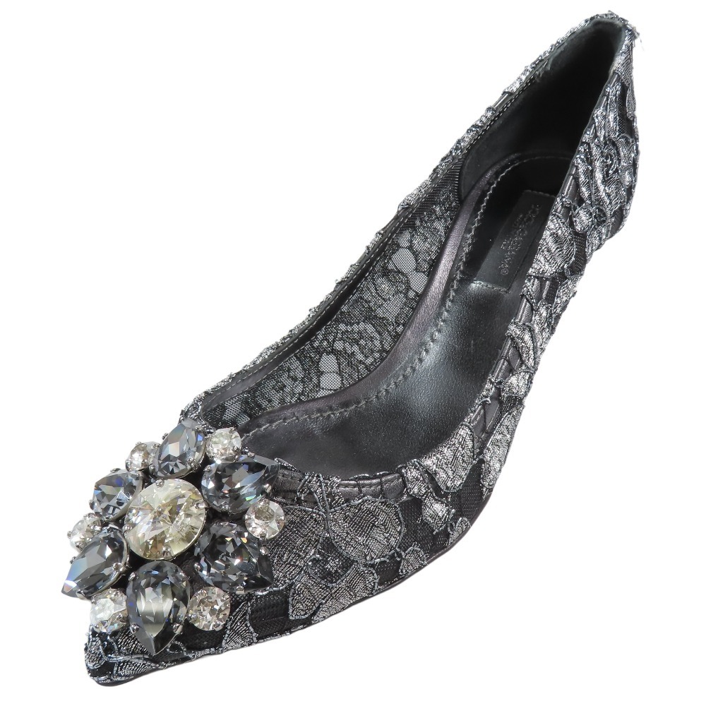 未使用 DOLCE&GABBANA ドルチェ&ガッバーナ Bellucci 総レース ビジュー パンプス ミドルヒール シューズ 34 ブラック シルバー拍卖