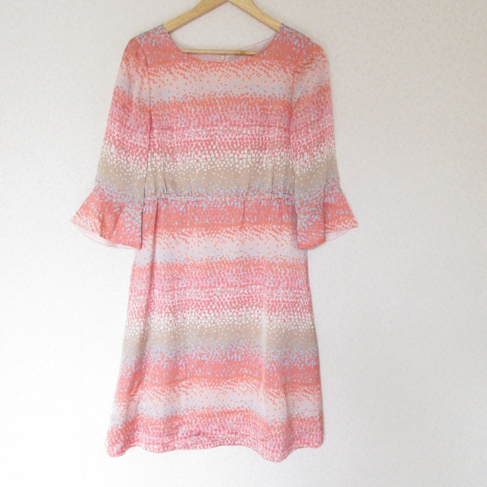 美品 Courreges クレージュ プリント 総柄 七分袖 ひざ丈 ベルテッド ワンピース 40 ピンク系拍卖