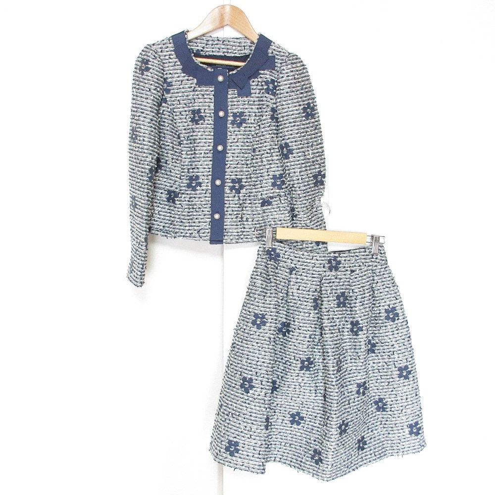 美品 M'S GRACY エムズグレイシー フラワー刺繍 ノーカラーツイードジャケット スカート セットアップ 36 ネイビー拍卖