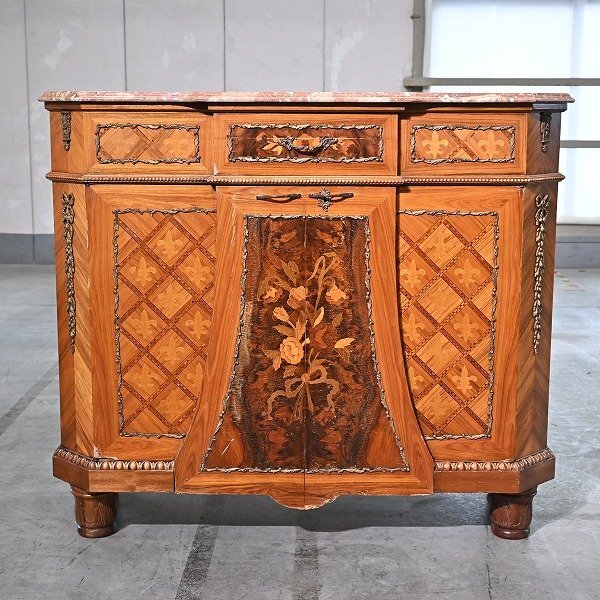 ★フランスビンテージ サイドボード チェスト 大理石天板 象嵌 インレイ マーブルトップ 真鍮 ルイ16世紀 アンティーク拍卖