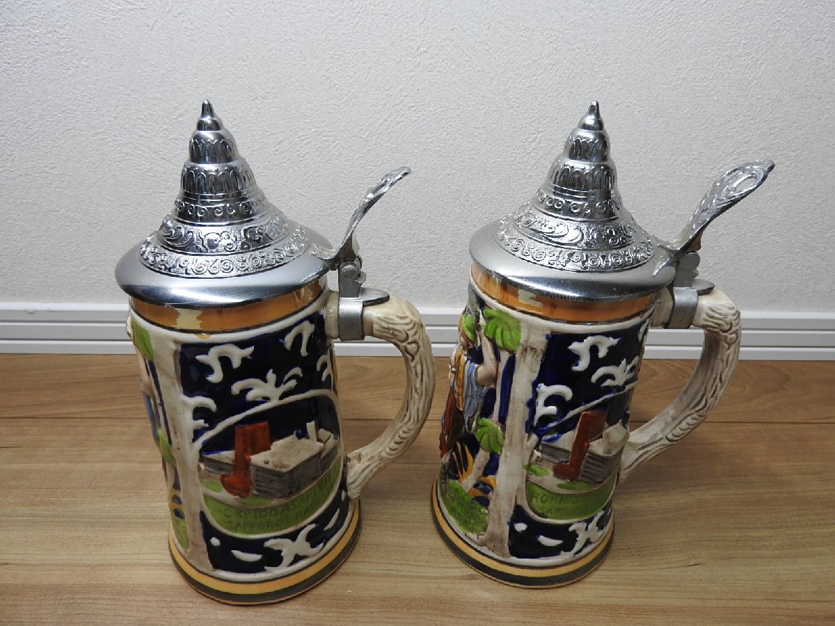 ★★送料無料 アサヒビール ASAHI BEER 陶器 ビアマグ 蓋付 レトロ ビールジョッキ マグカップ 2点セット拍卖