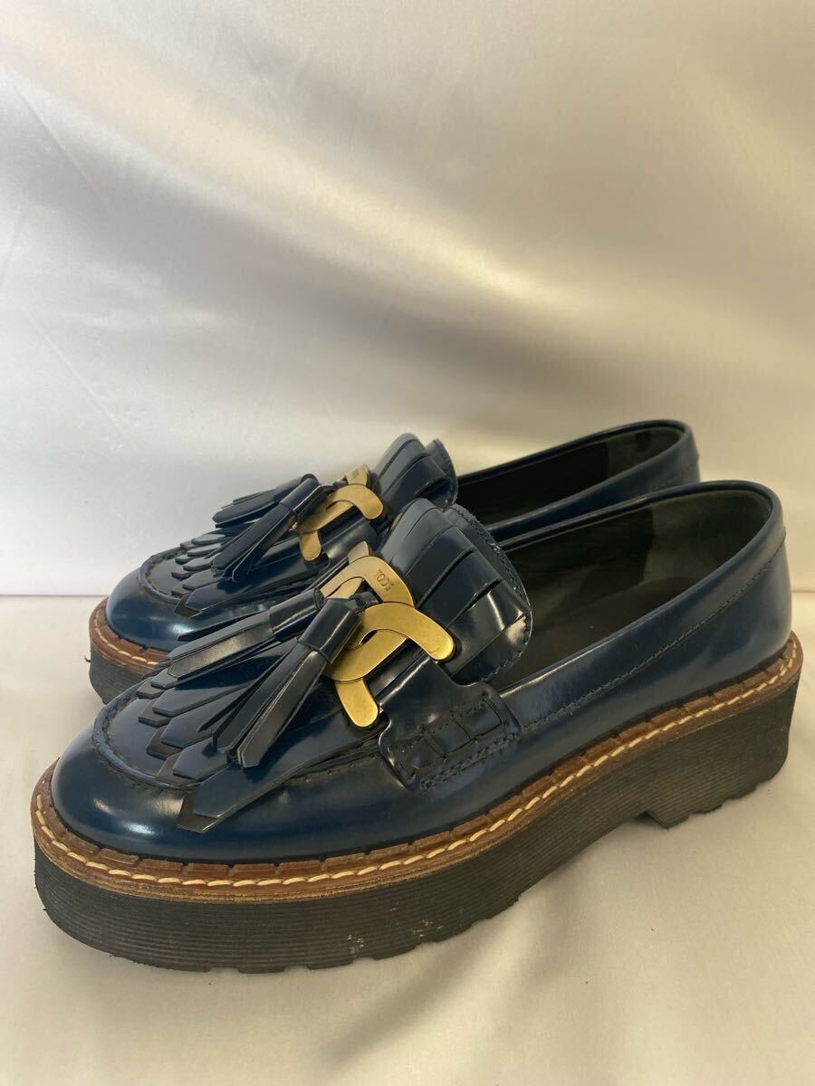 【TOD’S】トッズ タッセルローファー 36.5 ネイビー ケイト メタルチェーン 34拍卖