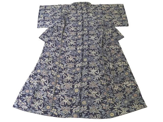 2/ 超美品 徳島県阿波天然藍染 小紋 ◇ 佐藤昭人 大澤石雄 正絹 ちりめん 着物 ネイビー系 草花柄 女性 和装 ▼7E拍卖