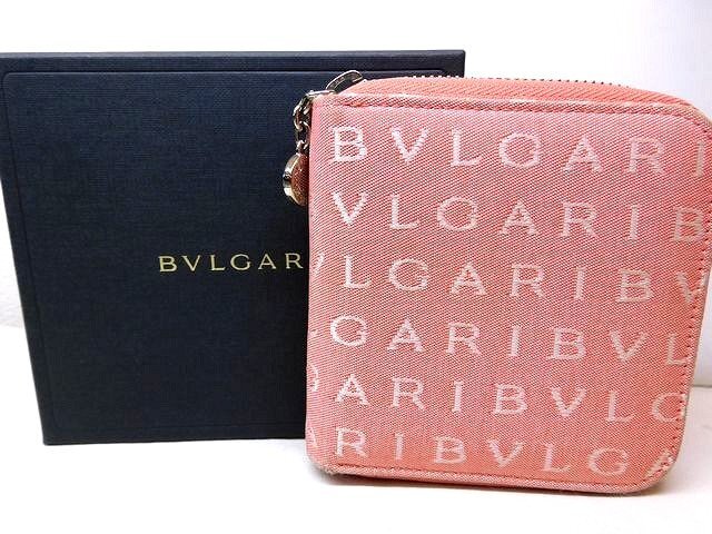ブルガリ 財布 ■ 22246 ロゴマニア ピンク キャンバス ラウンドファスナー コンパクト ウォレット BVLGARI □6K7F拍卖