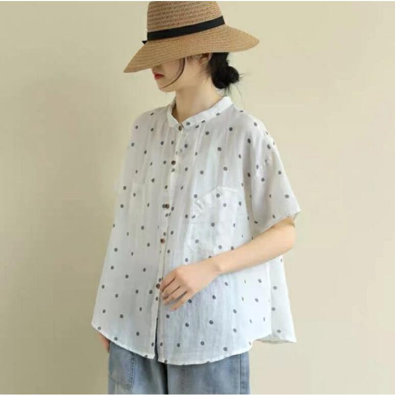 春夏 前開き シャツ ブラウス レディース シャツブラウス 半袖 大きいサイズ 体型カバー おしゃれ 柄 ホワイト M拍卖