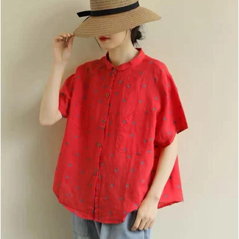 春夏 前開き シャツ ブラウス レディース シャツブラウス 半袖 大きいサイズ 体型カバー おしゃれ 柄 レッド 3XL拍卖