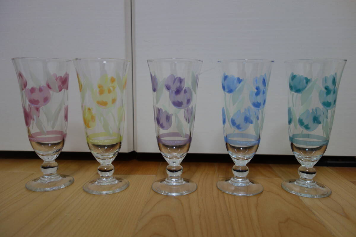 昭和レトロ VALENTINO CHRISTY PARIS ヴァレンティーノ・クリスティ シャンパングラス 5個セット 高さ16cm拍卖