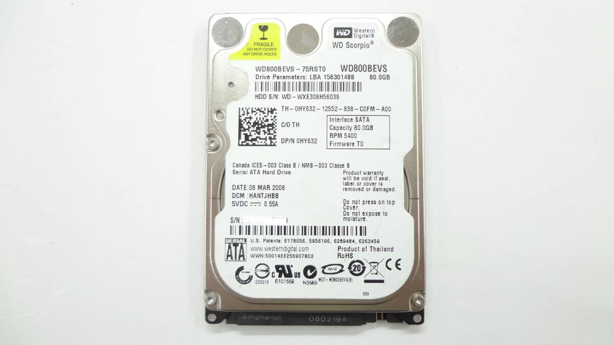 WD Scorpio WD800BEVS 2.5インチHDD 80GB SATA 中古動作品(J189)拍卖