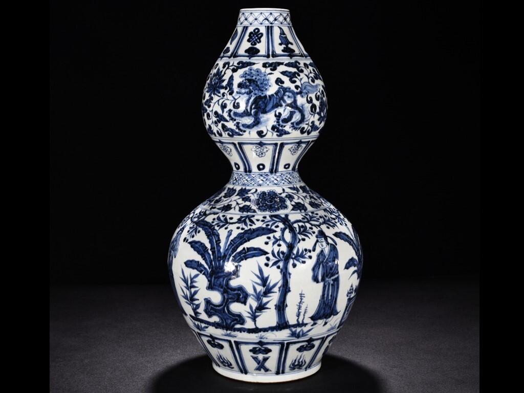TB162■中国古玩 唐物 元青花西廂記人物紋瓢箪瓶 時代物 極上品■高さ48cm・直径24.5cm■拍卖