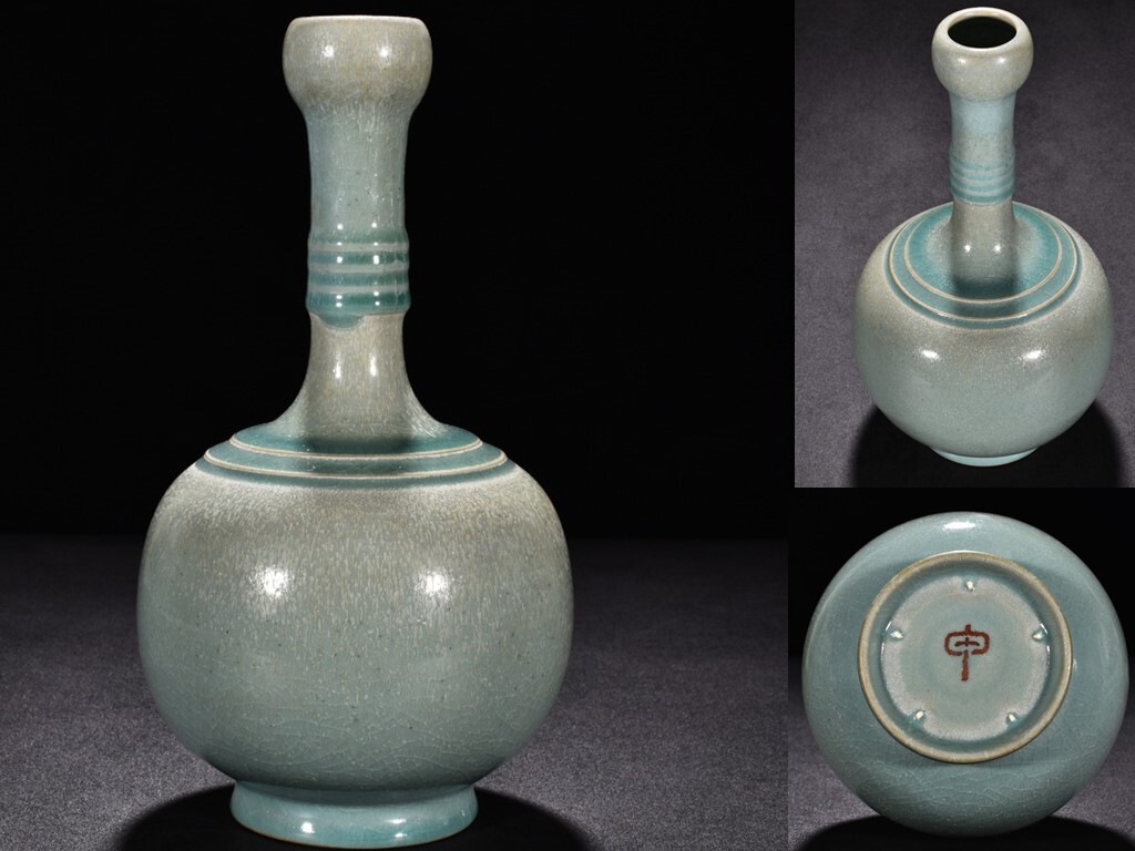 TB248■中国古玩 唐物 宋時代汝窯天青釉弦紋蒜頭瓶 甲款 極上品■高さ27cm・直径15cm■拍卖