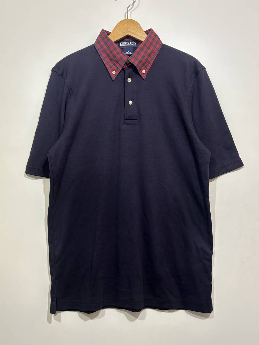 ★ 美品 ペルー製 LANDS' END ランズエンド 半袖 ポロシャツ M 38-40 REGULAR チェック柄 切替 ネイビー 紺 カットソー生地 オールド古着拍卖