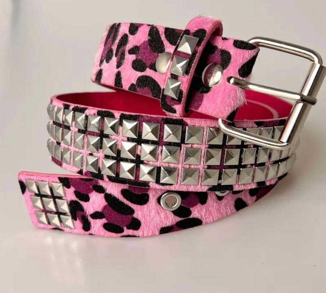 新品 スタッズベルト ヒョウ柄 ベルト メンズ レディース ピンク レオパード 120cm ピンク拍卖