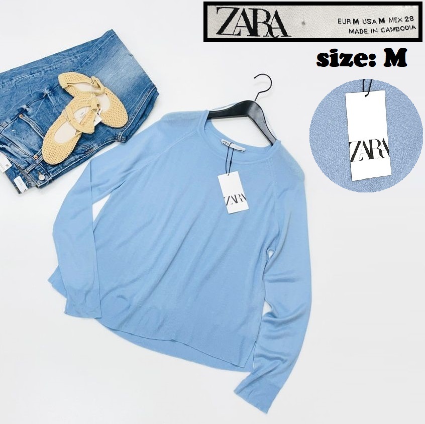 ZARA /M/ ライトブルー 長袖ニットセーター トップス レディース タグ付き カジュアル フェミニン 大人可愛い生地アクリル混 デイリー ザラ拍卖